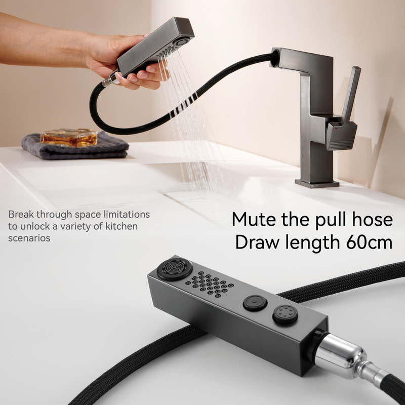 SAMLIYU Bathroom Faucets for Sink 1 Hole, Single Handle Pull Down Bathroom Sink Faucet with 2 Modes, 360° Rotaty with Pull Out Sprayer, Modern Bathroom Sinks Faucet Gun Grey BF04006-N1-BGM