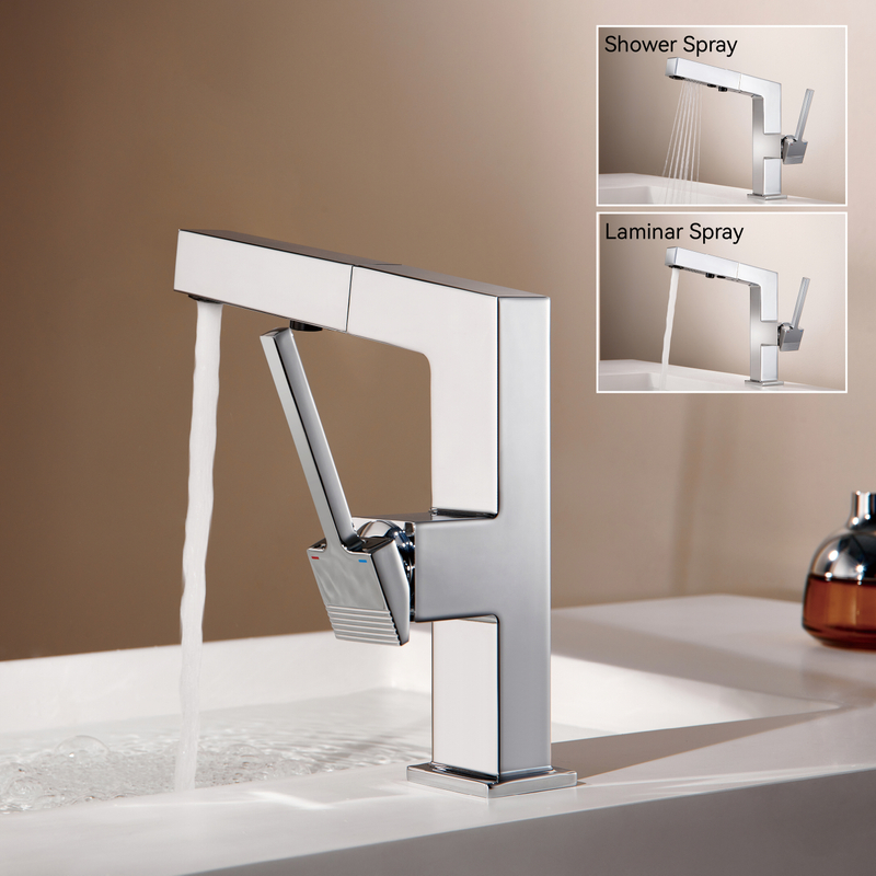 SAMLIYU Bathroom Faucets for Sink 1 Hole, Single Handle Pull Down Bathroom Sink Faucet with 2 Modes, 360° Rotaty with Pull Out Sprayer, Modern Bathroom Sinks Faucet Chrome BF04006-N1-C