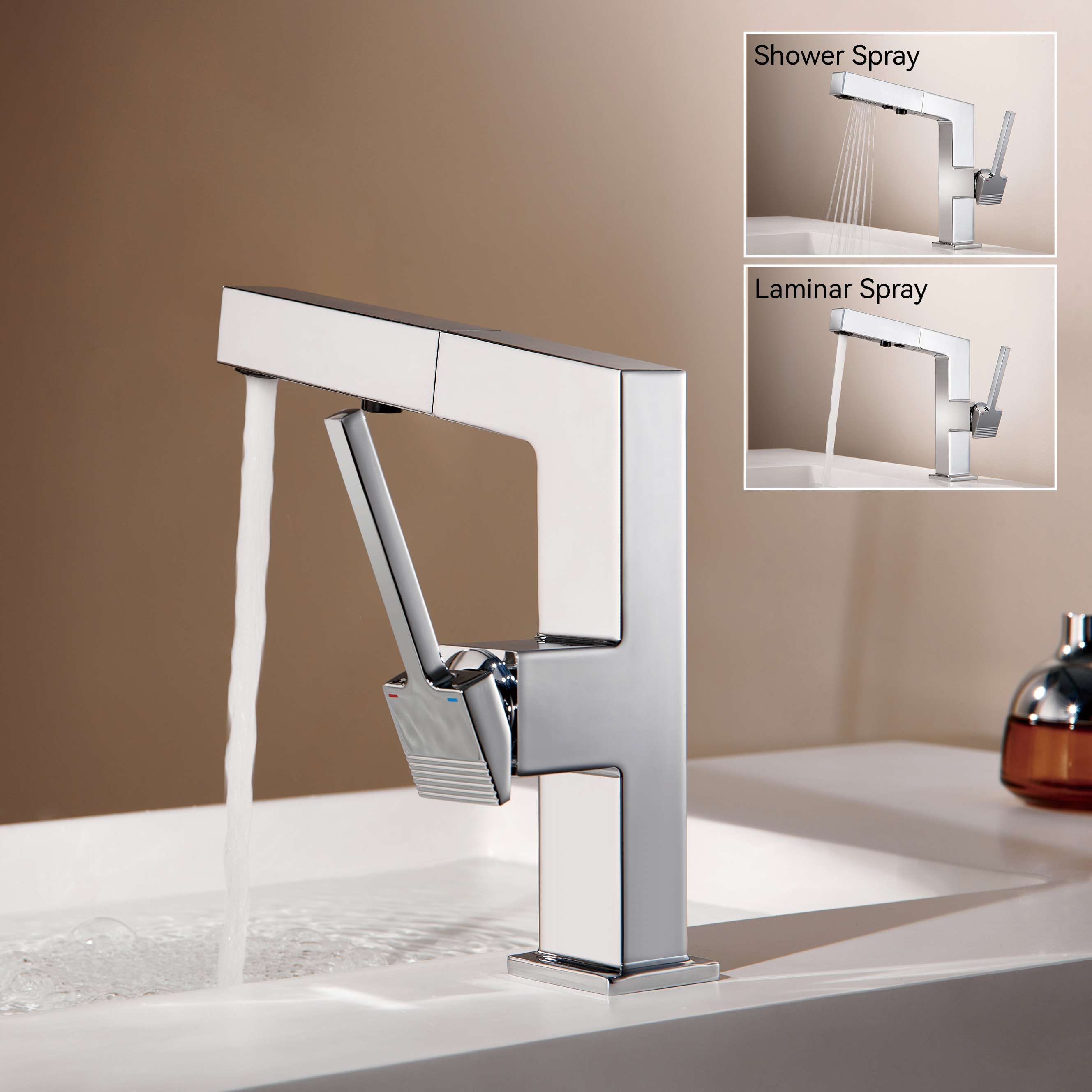 SAMLIYU Bathroom Faucets for Sink 1 Hole, Single Handle Pull Down Bathroom Sink Faucet with 2 Modes, 360° Rotaty with Pull Out Sprayer, Modern Bathroom Sinks Faucet Chrome BF04006-N1-C