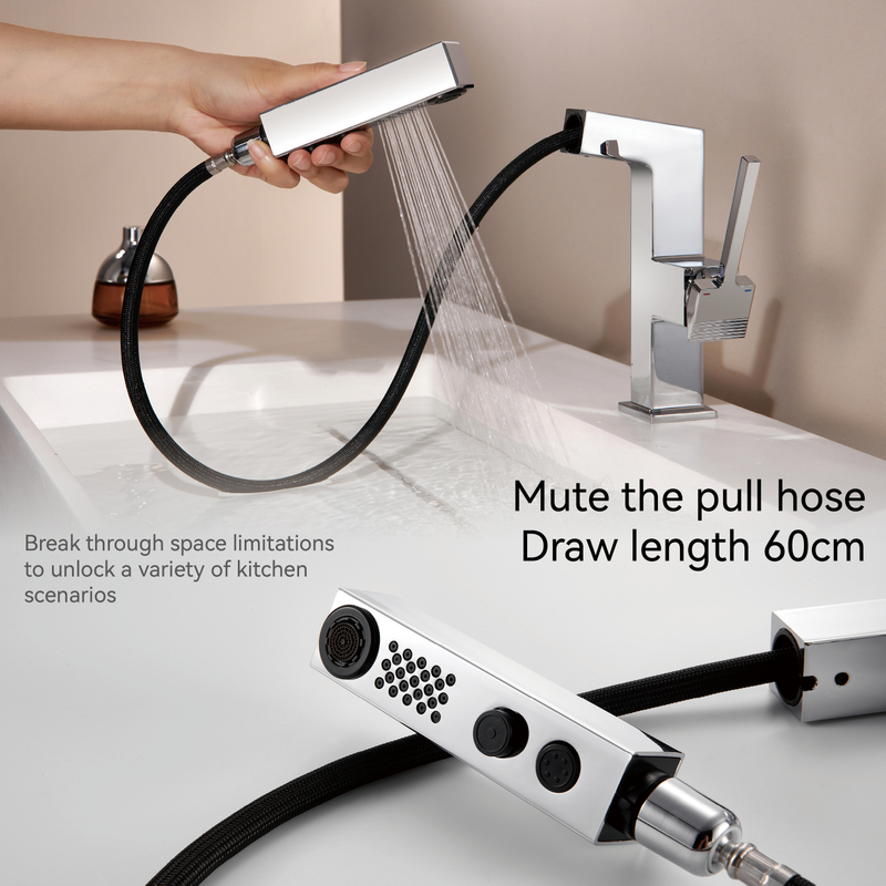 SAMLIYU Bathroom Faucets for Sink 1 Hole, Single Handle Pull Down Bathroom Sink Faucet with 2 Modes, 360° Rotaty with Pull Out Sprayer, Modern Bathroom Sinks Faucet Chrome BF04006-N1-C