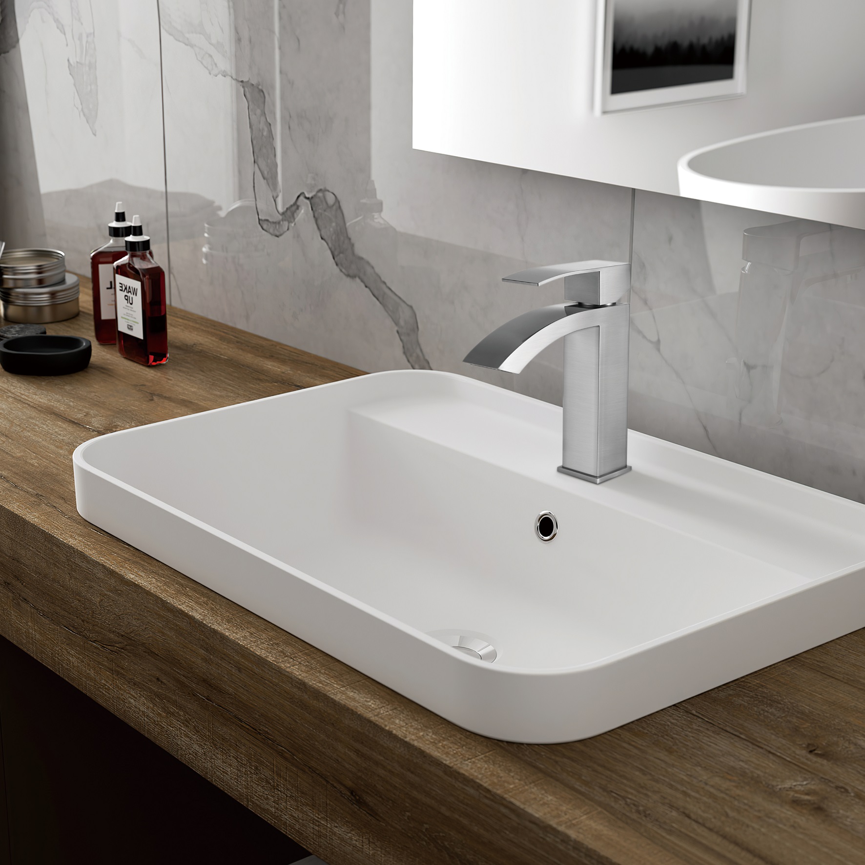 SLY Brass Stainless Steel Modern Waterfall Bathroom Sink Faucet Single Handle Hot Cold Water Mixer Basin