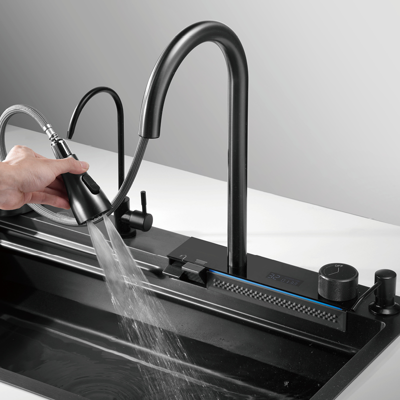 Samliyu Kitchen Waterfall Under The Home Large Single Sink S.S304 Brushed Gun Metal Sink Key Shark Digital Display Flying Rain Faucet