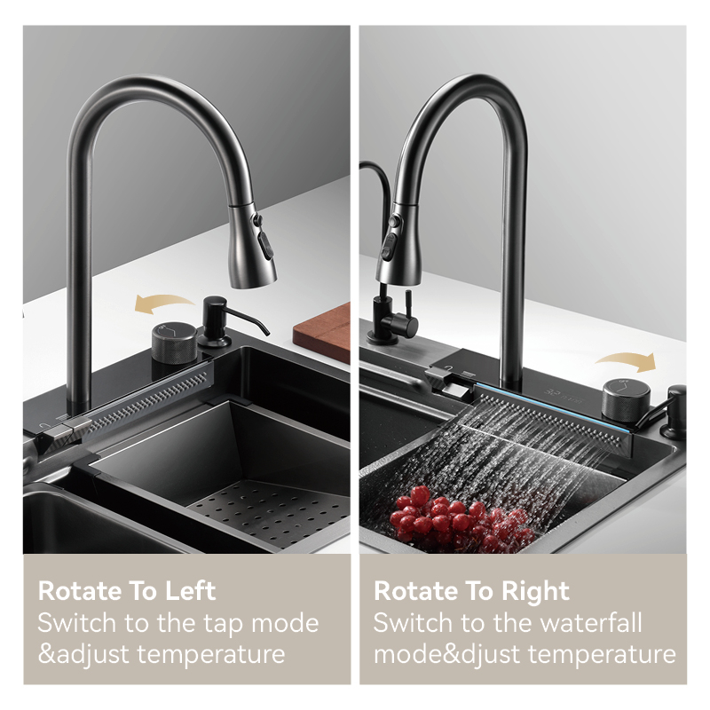 Samliyu Kitchen Waterfall Under The Home Large Single Sink S.S304 Brushed Gun Metal Sink Key Shark Digital Display Flying Rain Faucet