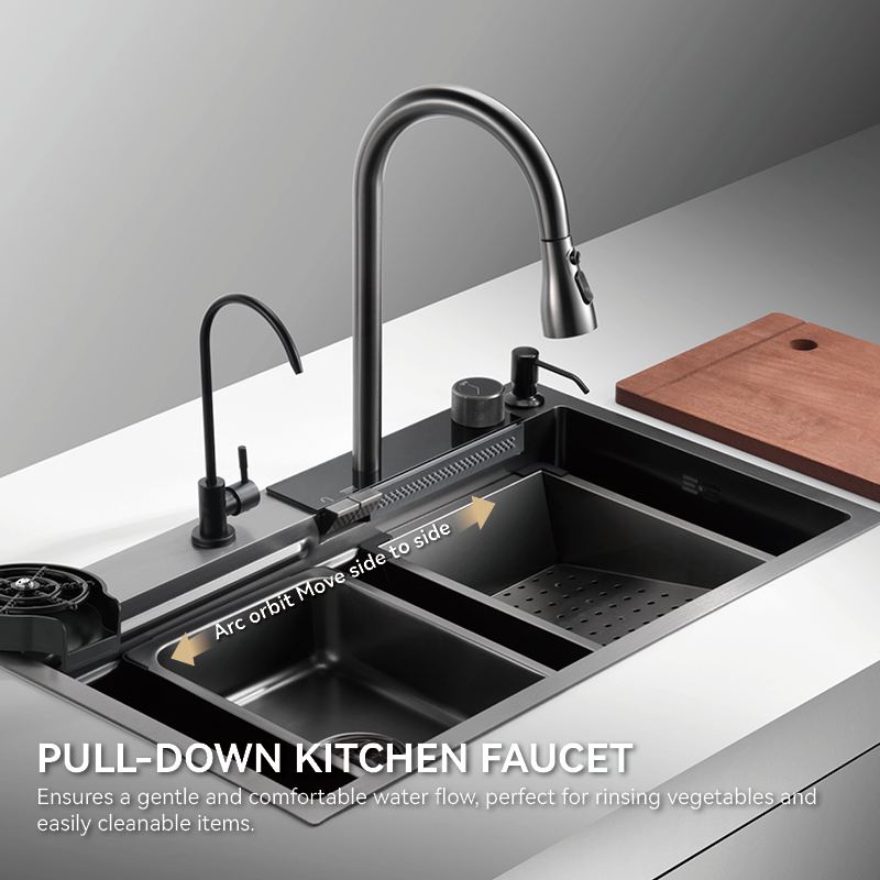 Samliyu Kitchen Waterfall Under The Home Large Single Sink S.S304 Brushed Gun Metal Sink Key Shark Digital Display Flying Rain Faucet