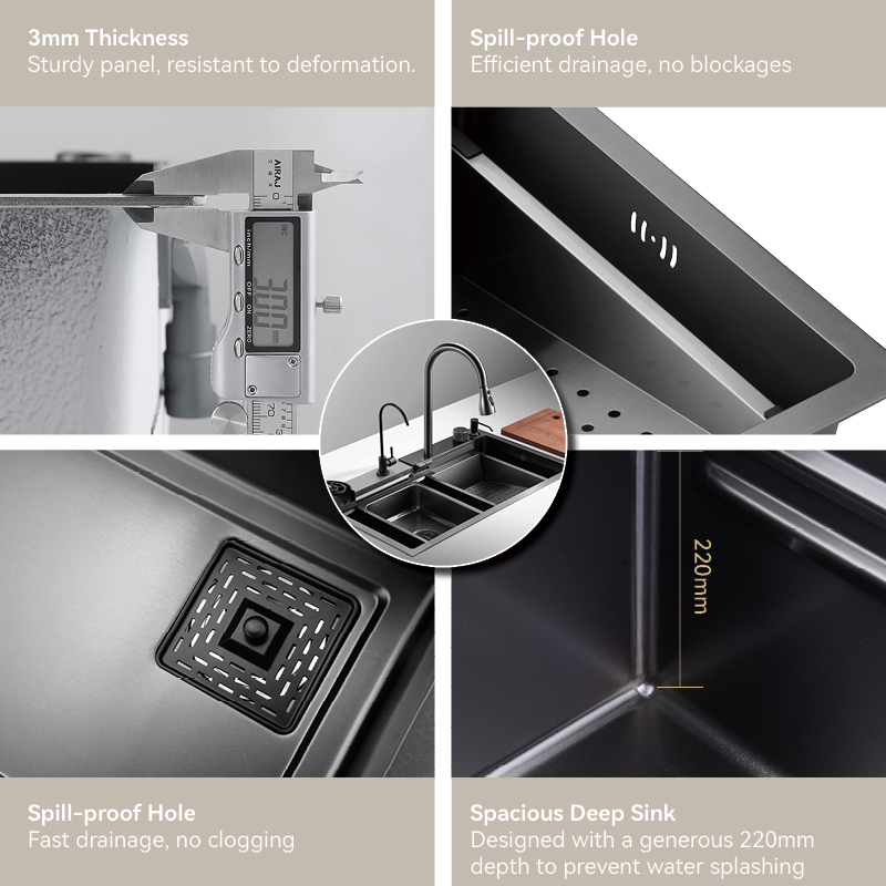 Samliyu Kitchen Waterfall Under The Home Large Single Sink S.S304 Brushed Gun Metal Sink Key Shark Digital Display Flying Rain Faucet