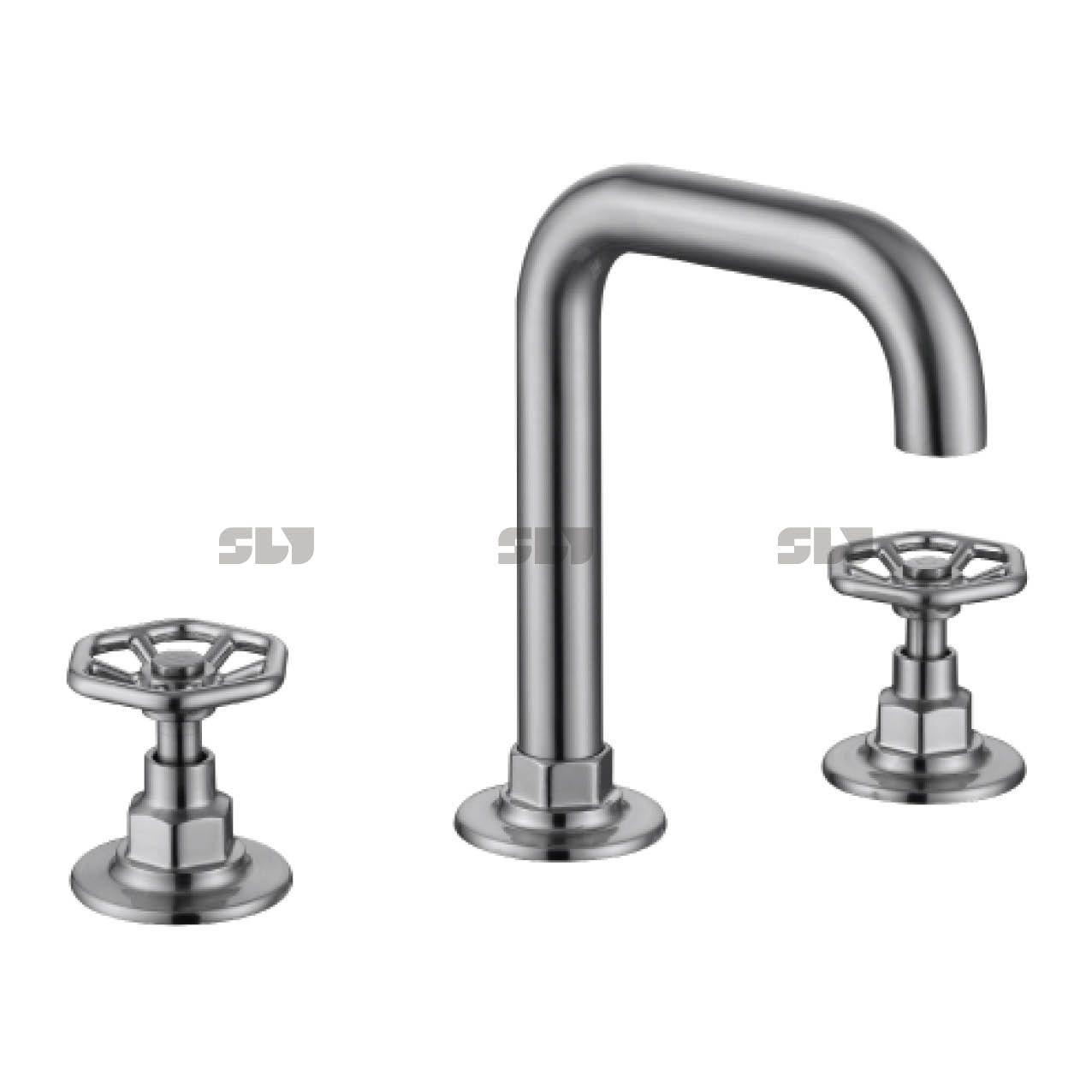 SLY Widespread Bathroom Sink Faucet 3 Hole Deck Mounted Dual Handle Hot Cold Water Brush Nickel Mixer Tap