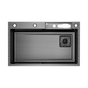 Samliyu Kitchen Waterfall Under The Home Large Single Sink S.S304 Brushed Gun Metal Sink Key Shark Digital Display Flying Rain Faucet