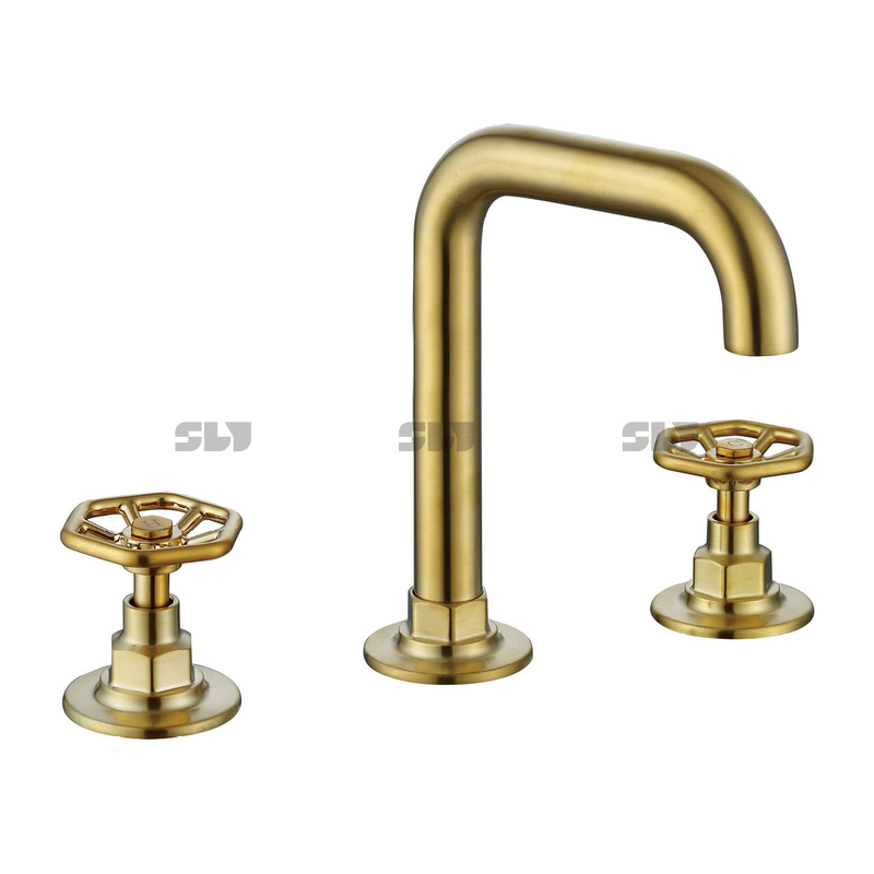 SLY Widespread Bathroom Sink Faucet 3 Hole Deck Mounted Dual Handle Hot Cold Water Brush Nickel Mixer Tap