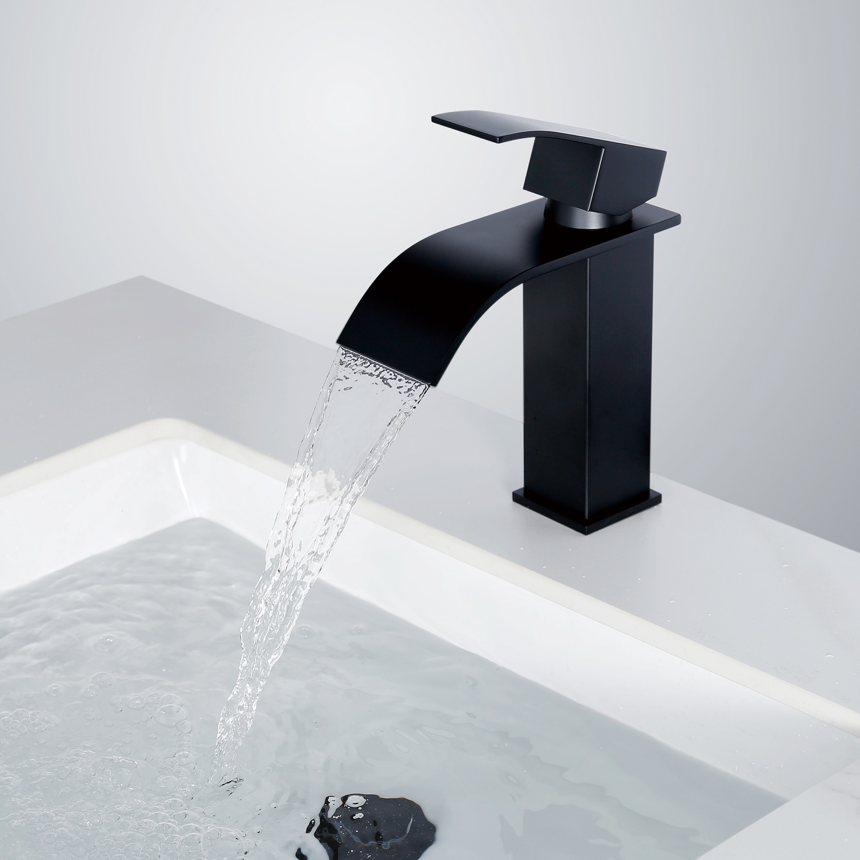 SLY Brass Matte Black Waterfall Spout Bathroom Faucet Single Handle Bathroom Vanity Sink Faucet