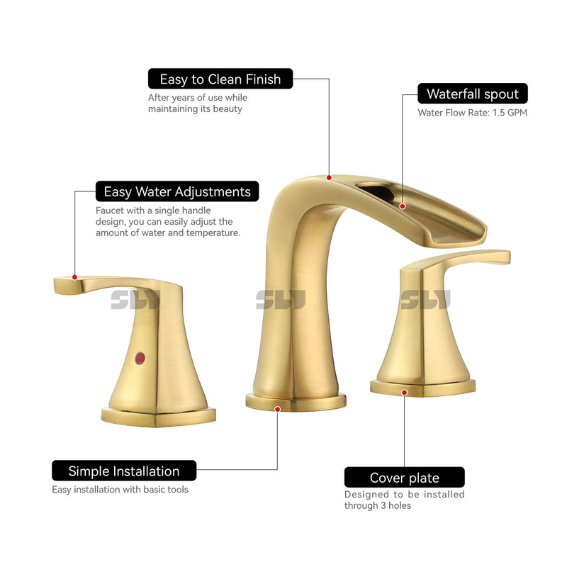 SLY Modern Brushed Gold Mixer Bathroom Basin Sink Faucet Contemporary Two Handle Water Taps