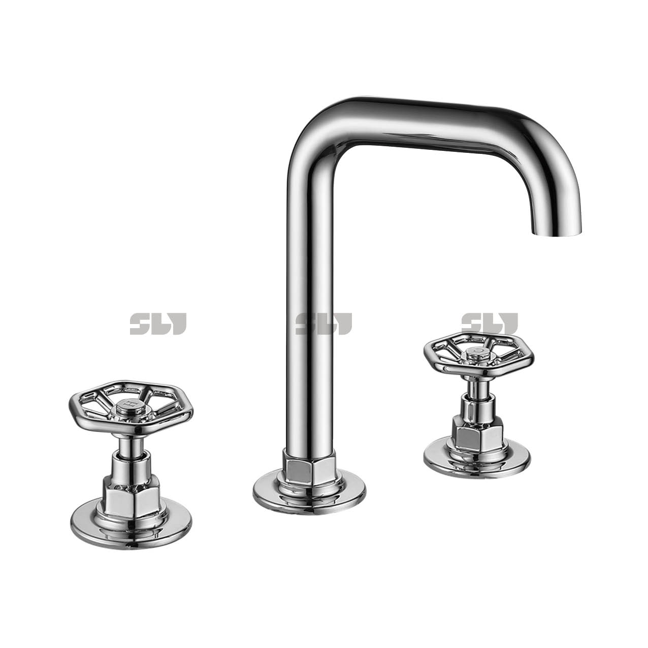 SLY Widespread Bathroom Sink Faucet 3 Hole Deck Mounted Dual Handle Hot Cold Water Brush Nickel Mixer Tap